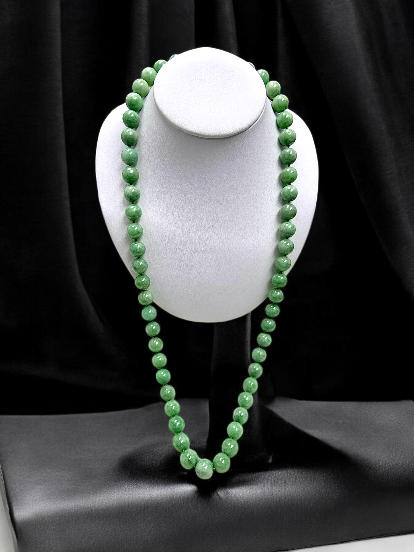 Imperial Burmese A-Jade Beaded Long Necklace 29.50 inches (12.50mm Beads) with Black Spinel and Sterling Silver 925 10007