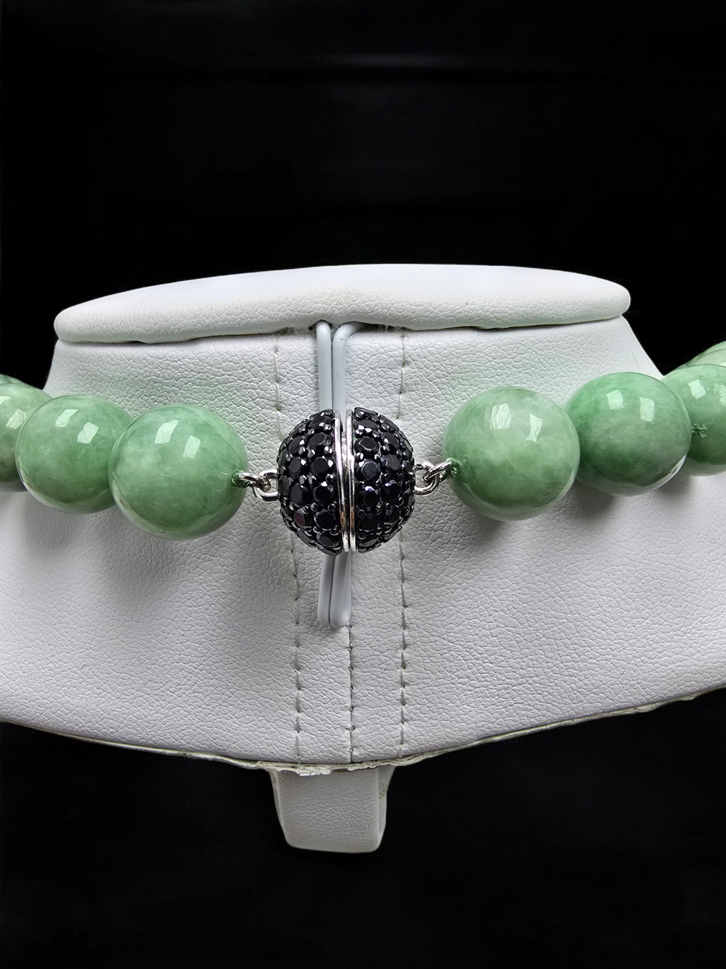 Imperial Burmese A-Jade Beaded Long Necklace 29.50 inches (12.50mm Beads) with Black Spinel and Sterling Silver 925 10007