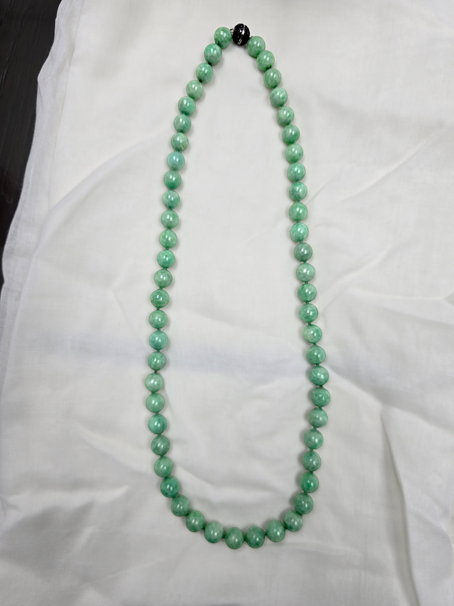 Imperial Burmese A-Jade Beaded Long Necklace 29.50 inches (12.50mm Beads) with Black Spinel and Sterling Silver 925 10007