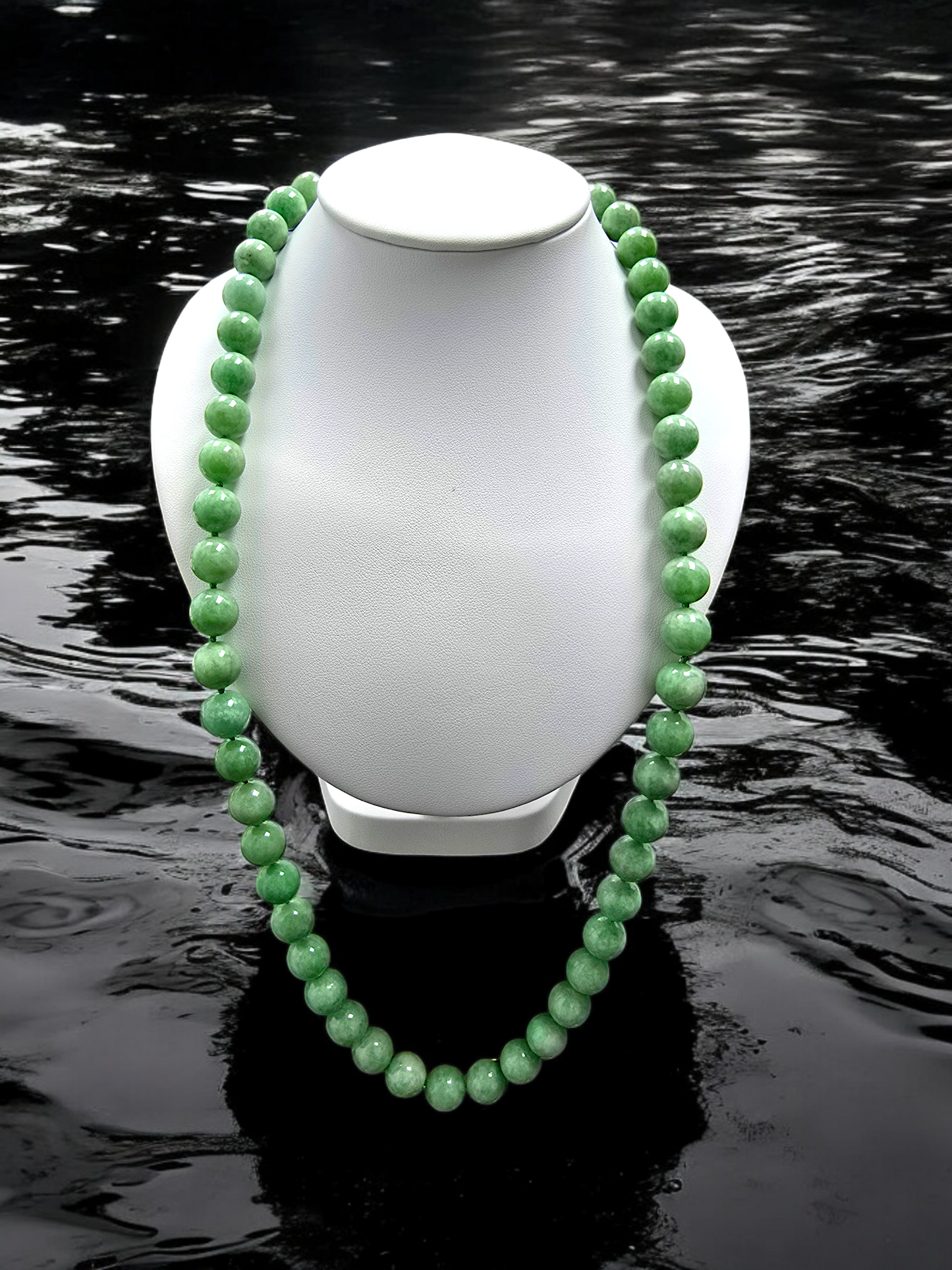 Imperial Burmese A-Jade Beaded Long Necklace 29.50 inches (12.50mm Beads) with Black Spinel and Sterling Silver 925 10007