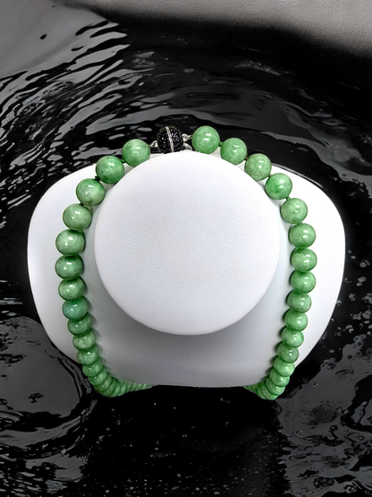 Imperial Burmese A-Jade Beaded Long Necklace 29.50 inches (12.50mm Beads) with Black Spinel and Sterling Silver 925 10007