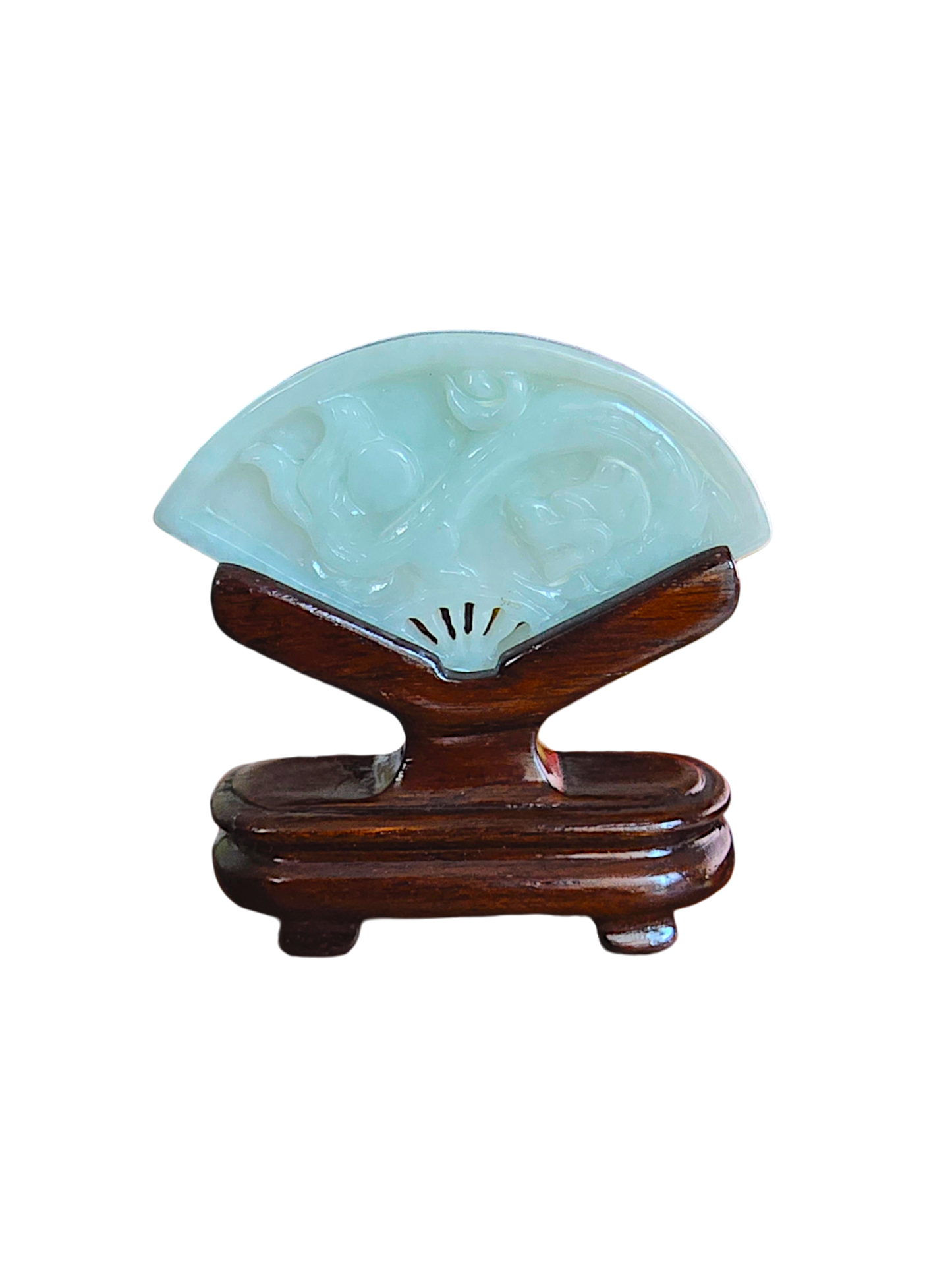 Kyushu Carved Dragon Burmese A-Jadeite Fan Ornament Showpiece with Stand