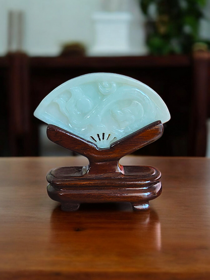 Kyushu Carved Dragon Burmese A-Jadeite Fan Ornament Showpiece with Stand