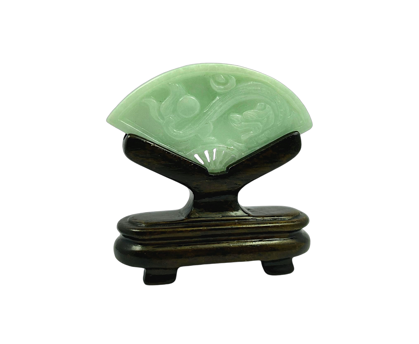 Kyushu Carved Dragon Burmese A-Jadeite Fan Ornament Showpiece with Stand