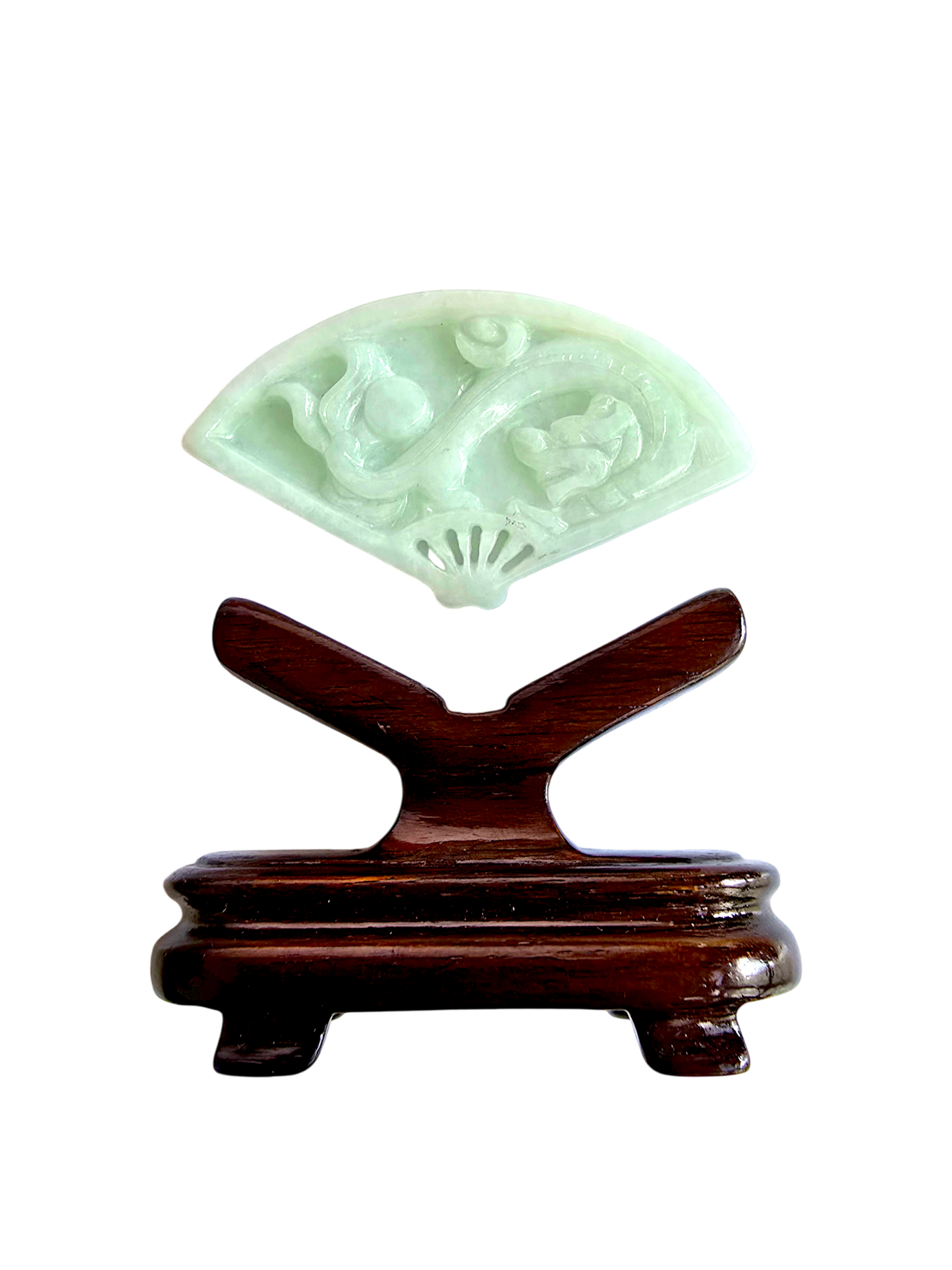 Kyushu Carved Dragon Burmese A-Jadeite Fan Ornament Showpiece with Stand