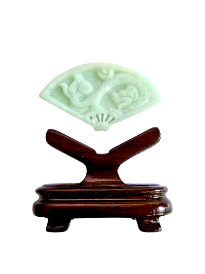 Kyushu Carved Dragon Burmese A-Jadeite Fan Ornament Showpiece with Stand