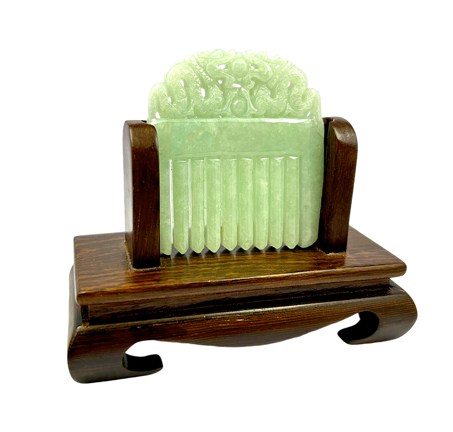 Ozoku Carved Dragon Burmese A-Jadeite Comb Ornament Showpiece with Stand