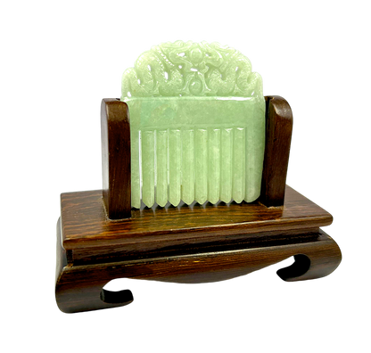 Ozoku Carved Dragon Burmese A-Jadeite Comb Ornament Showpiece with Stand