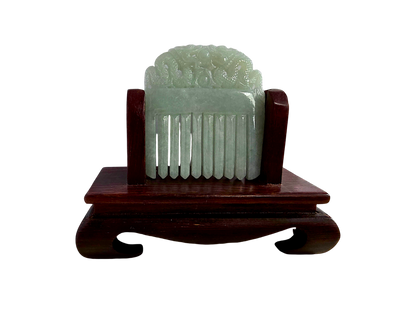 Ozoku Carved Dragon Burmese A-Jadeite Comb Ornament Showpiece with Stand