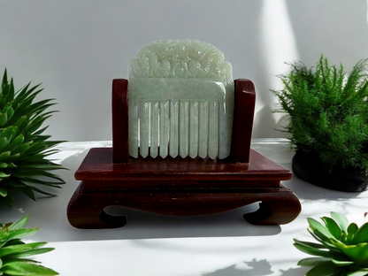 Ozoku Carved Dragon Burmese A-Jadeite Comb Ornament Showpiece with Stand