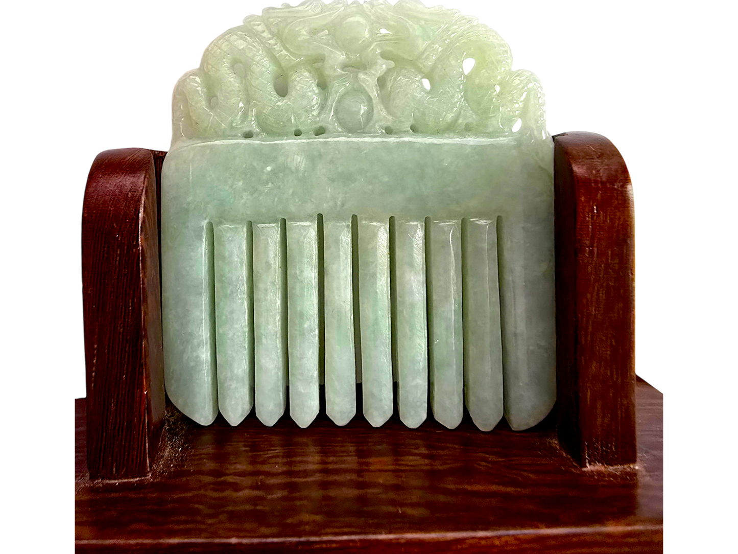 Ozoku Carved Dragon Burmese A-Jadeite Comb Ornament Showpiece with Stand