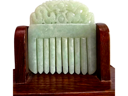 Ozoku Carved Dragon Burmese A-Jadeite Comb Ornament Showpiece with Stand