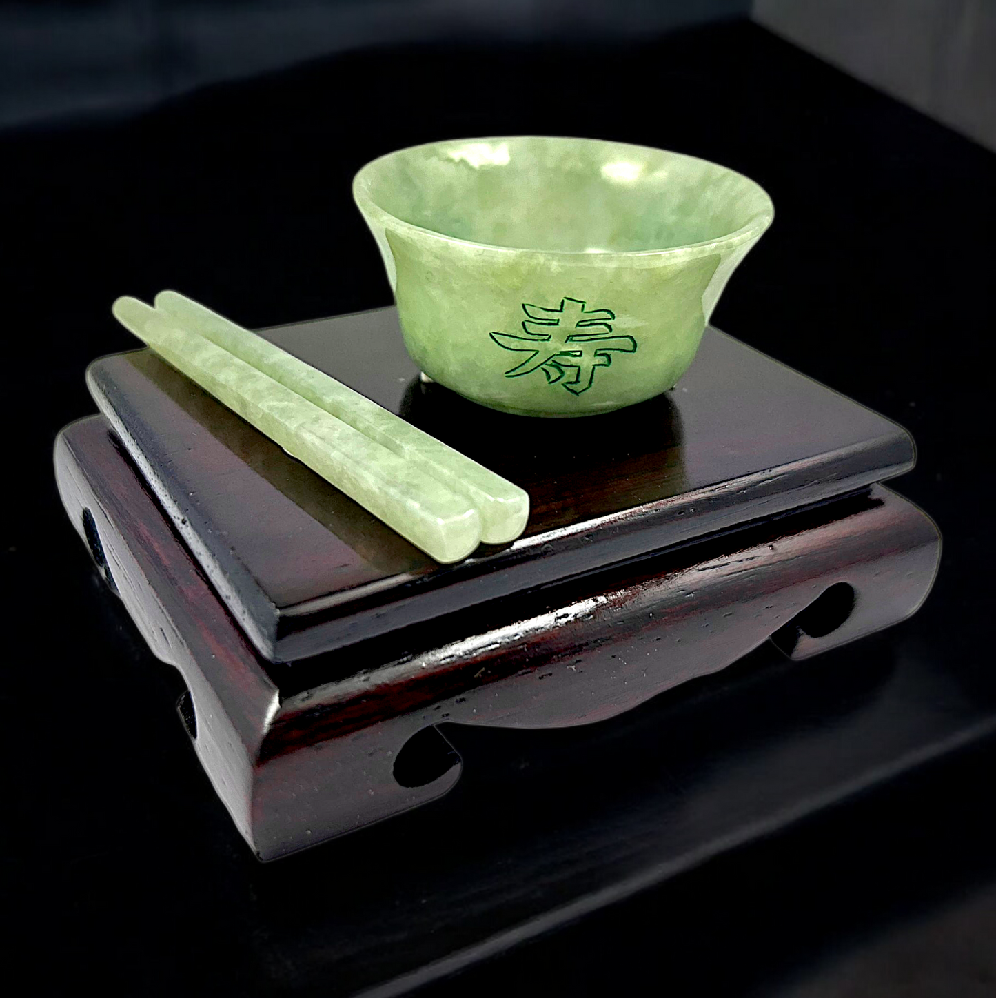 Oriental Fortune Carved Burmese A-Jadeite Bowl Set Ornament Showpiece with Stand