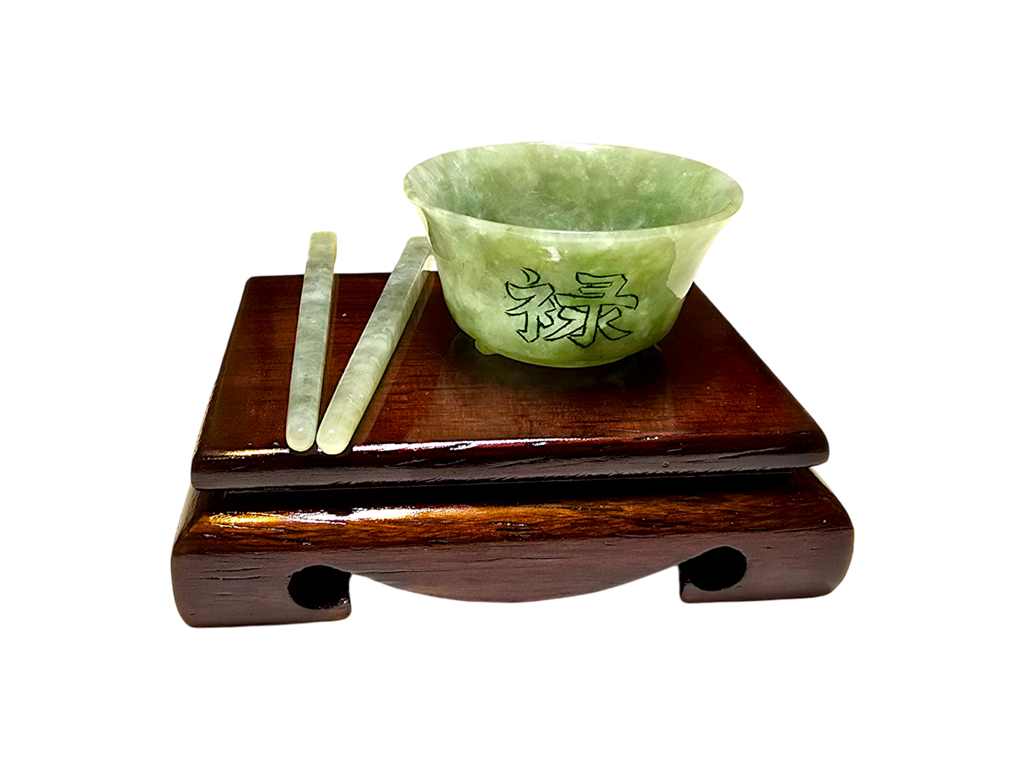 Oriental Fortune Carved Burmese A-Jadeite Bowl Set Ornament Showpiece with Stand