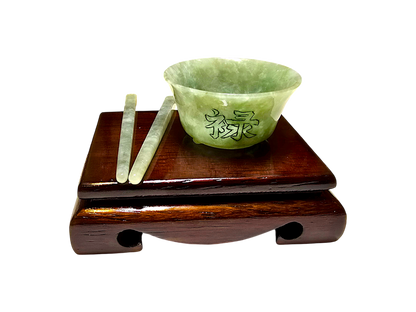 Oriental Fortune Carved Burmese A-Jadeite Bowl Set Ornament Showpiece with Stand