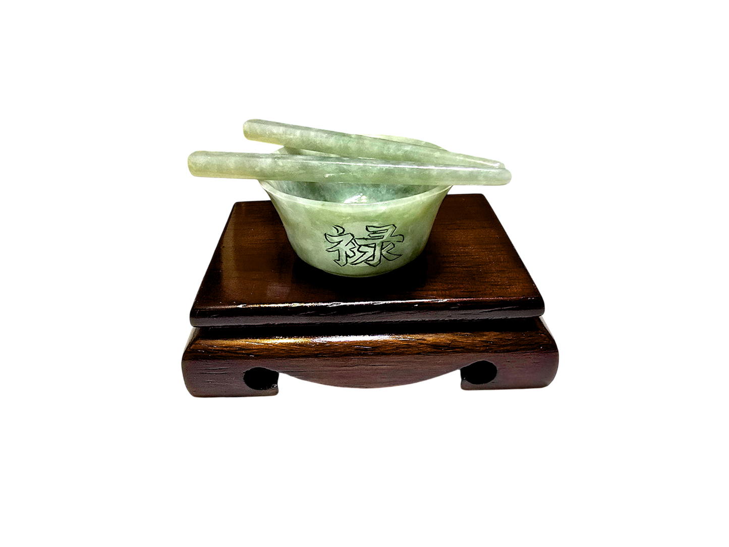 Oriental Fortune Carved Burmese A-Jadeite Bowl Set Ornament Showpiece with Stand