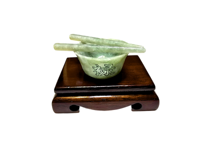 Oriental Fortune Carved Burmese A-Jadeite Bowl Set Ornament Showpiece with Stand