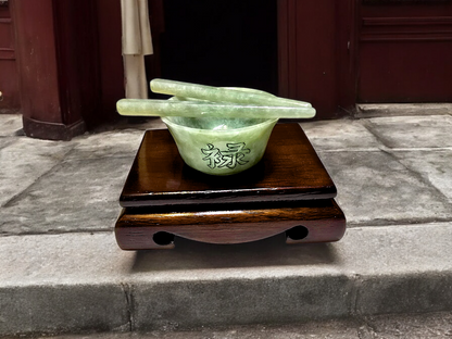 Oriental Fortune Carved Burmese A-Jadeite Bowl Set Ornament Showpiece with Stand