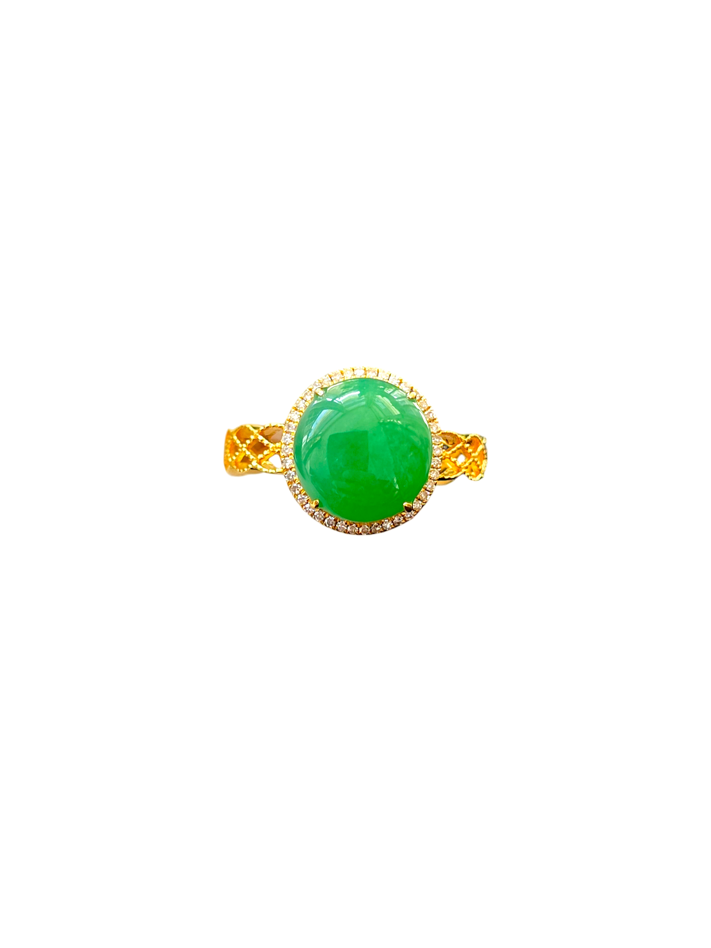 Shinjuku' MADE IN JAPAN Burmese Vivid Green A-Jade, Natural White Diamonds and 18K Yellow Gold Ring - Certified