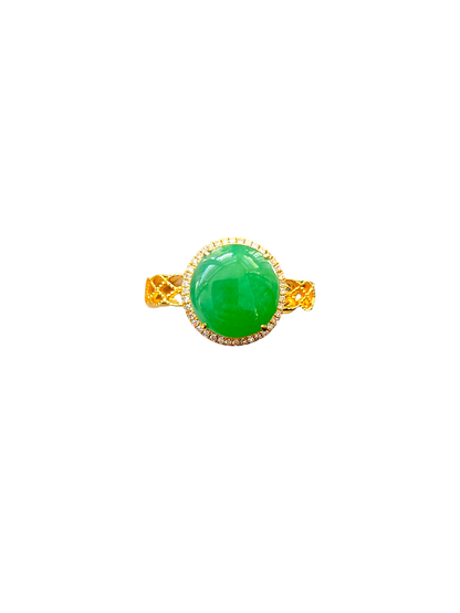 Shinjuku' MADE IN JAPAN Burmese Vivid Green A-Jade, Natural White Diamonds and 18K Yellow Gold Ring - Certified