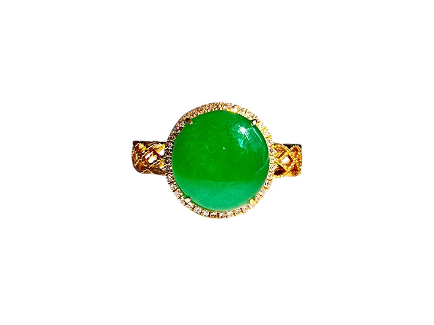 Shinjuku' MADE IN JAPAN Burmese Vivid Green A-Jade, Natural White Diamonds and 18K Yellow Gold Ring - Certified