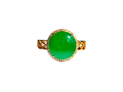 Shinjuku' MADE IN JAPAN Burmese Vivid Green A-Jade, Natural White Diamonds and 18K Yellow Gold Ring - Certified