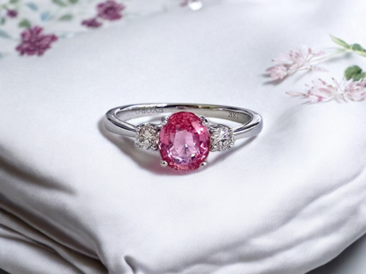 Certified Kyoto Oval Shaped 1.55 cts. No Heat Natural Padparadscha Sapphire Ring with 18K White Gold and White Diamonds  - R3