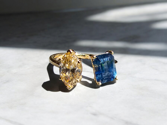 Parisian Toi et Moi Natural Blue Octagon Sapphire and Natural Brown Marquise Diamond Ring with 18K Yellow Gold - R5