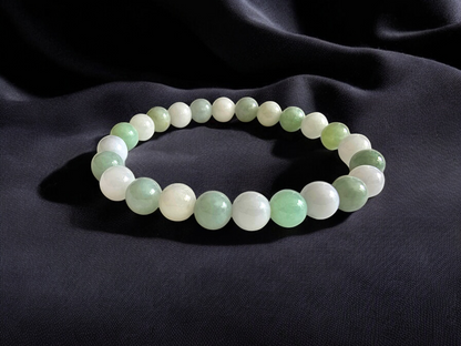 Imperial Japanese Green and White Burmese A-Jade Beaded Bracelet (MADE IN JAPAN) (8mm Each x 24 beads) 05032