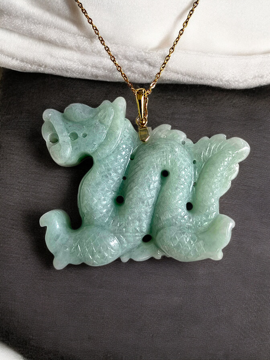 Large Pinnacle Dragon Burmese A Jade Pendant (with 14K Yellow Gold)