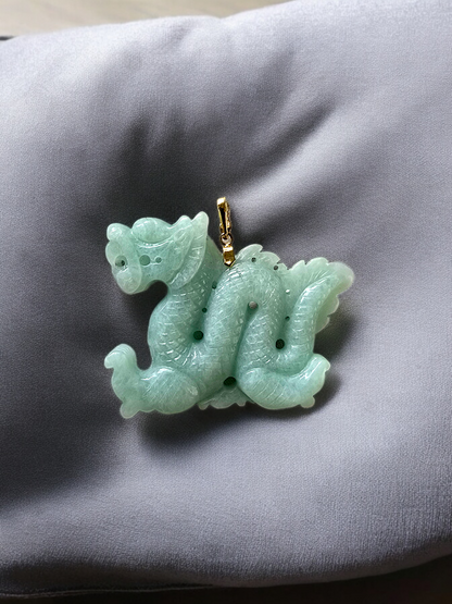 Large Pinnacle Dragon Burmese A Jade Pendant (with 14K Yellow Gold)