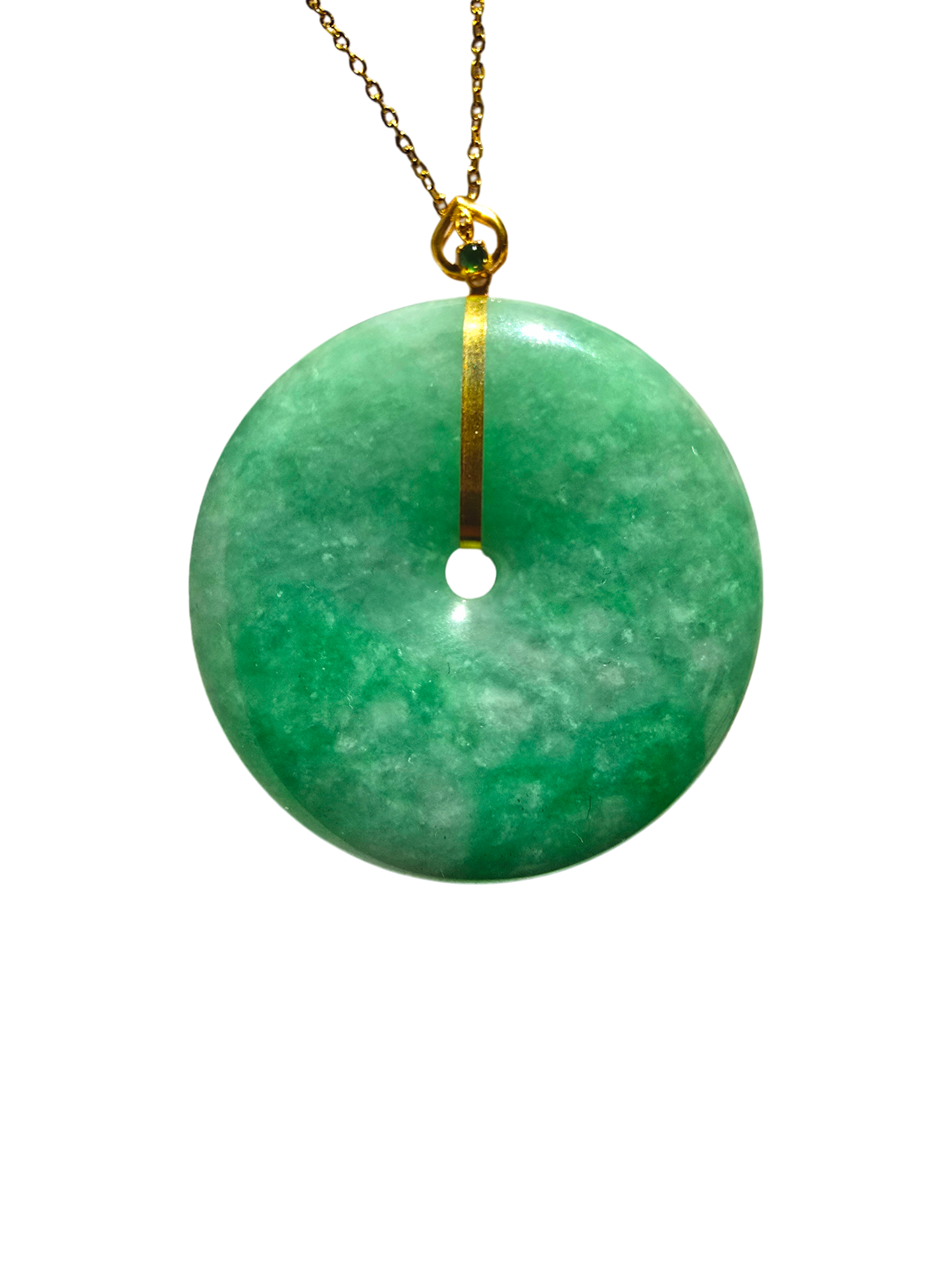 Cheung's Round Donut Burmese A-Jade 40mm Pendant with 18K Yellow Gold - Certified