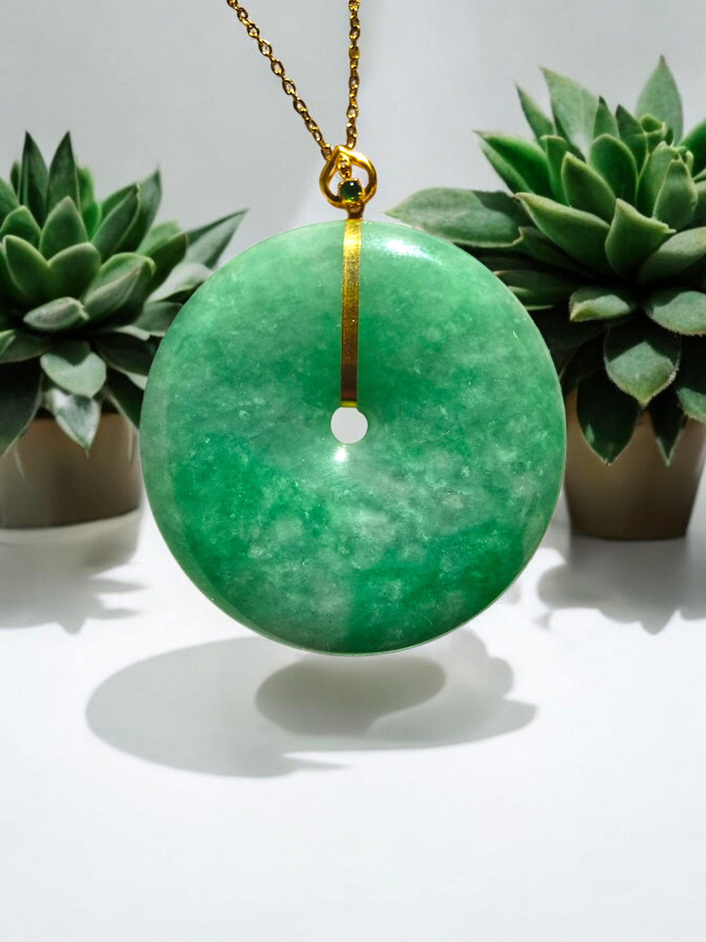 Cheung's Round Donut Burmese A-Jade 40mm Pendant with 18K Yellow Gold - Certified