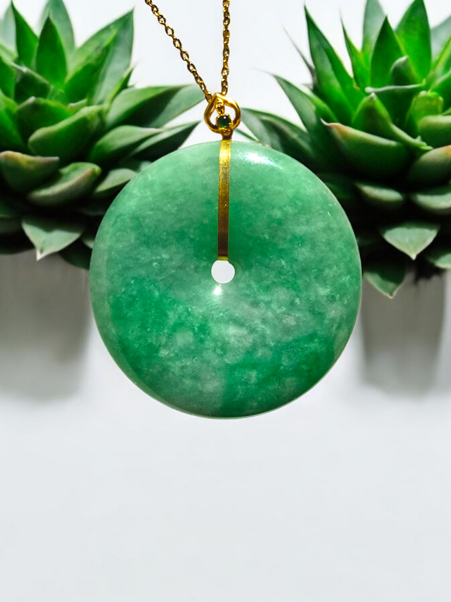 Cheung's Round Donut Burmese A-Jade 40mm Pendant with 18K Yellow Gold - Certified