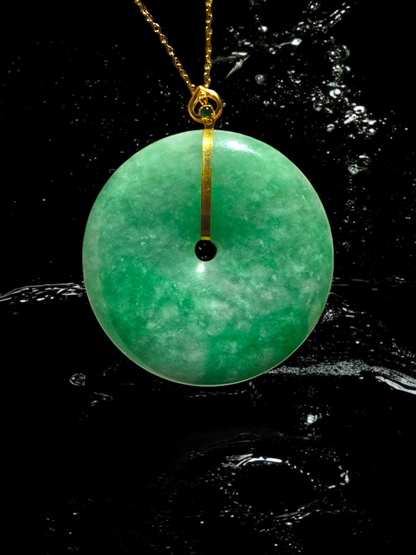 Cheung's Round Donut Burmese A-Jade 40mm Pendant with 18K Yellow Gold - Certified