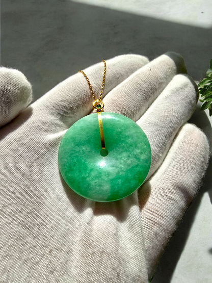 Cheung's Round Donut Burmese A-Jade 40mm Pendant with 18K Yellow Gold - Certified