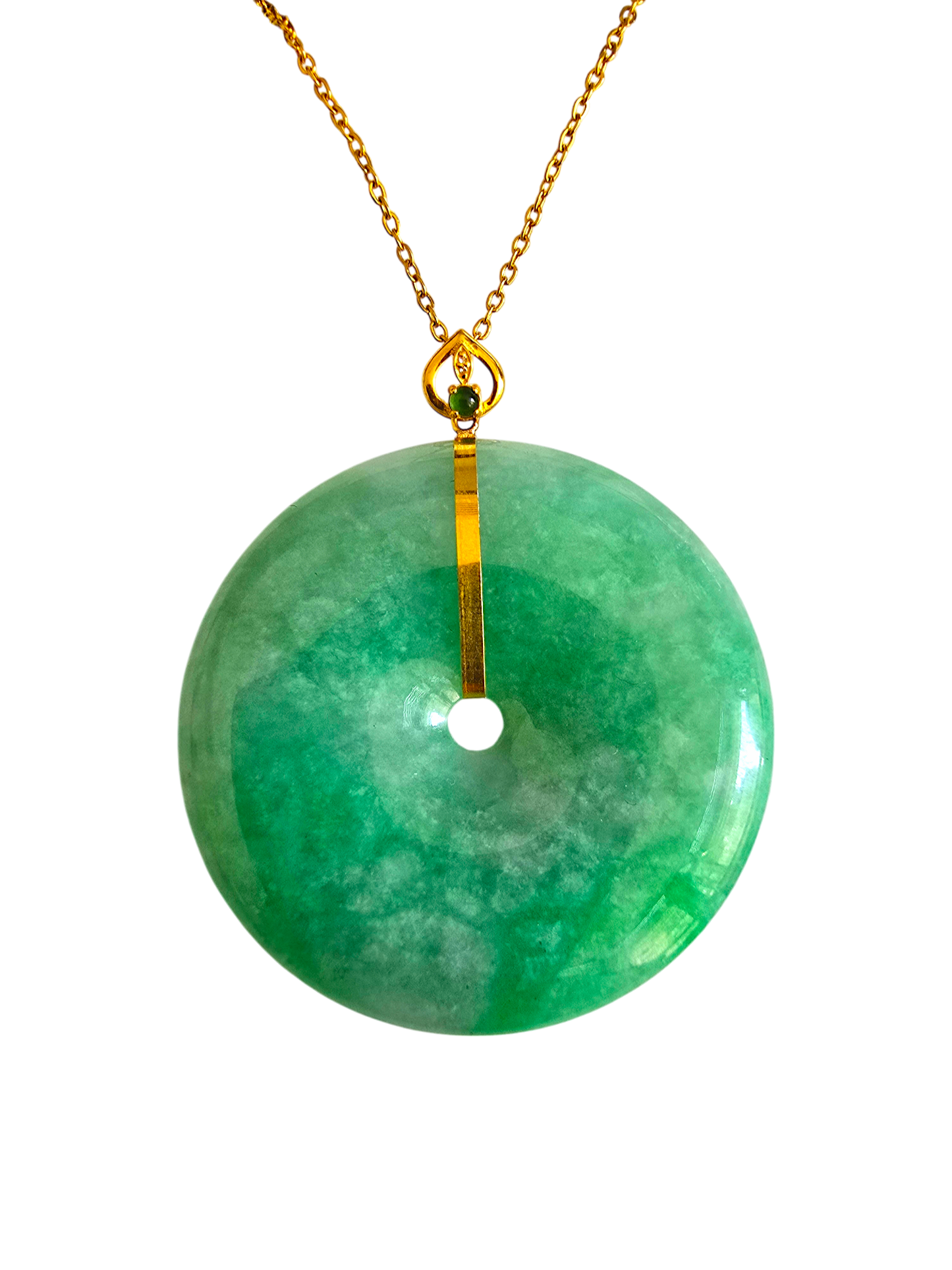 Cheung's Round Donut Burmese A-Jade 40mm Pendant with 18K Yellow Gold - Certified