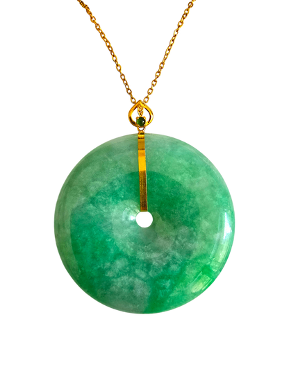 Cheung's Round Donut Burmese A-Jade 40mm Pendant with 18K Yellow Gold - Certified