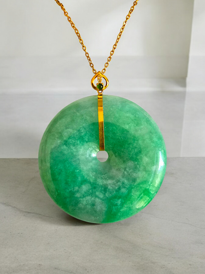 Cheung's Round Donut Burmese A-Jade 40mm Pendant with 18K Yellow Gold - Certified