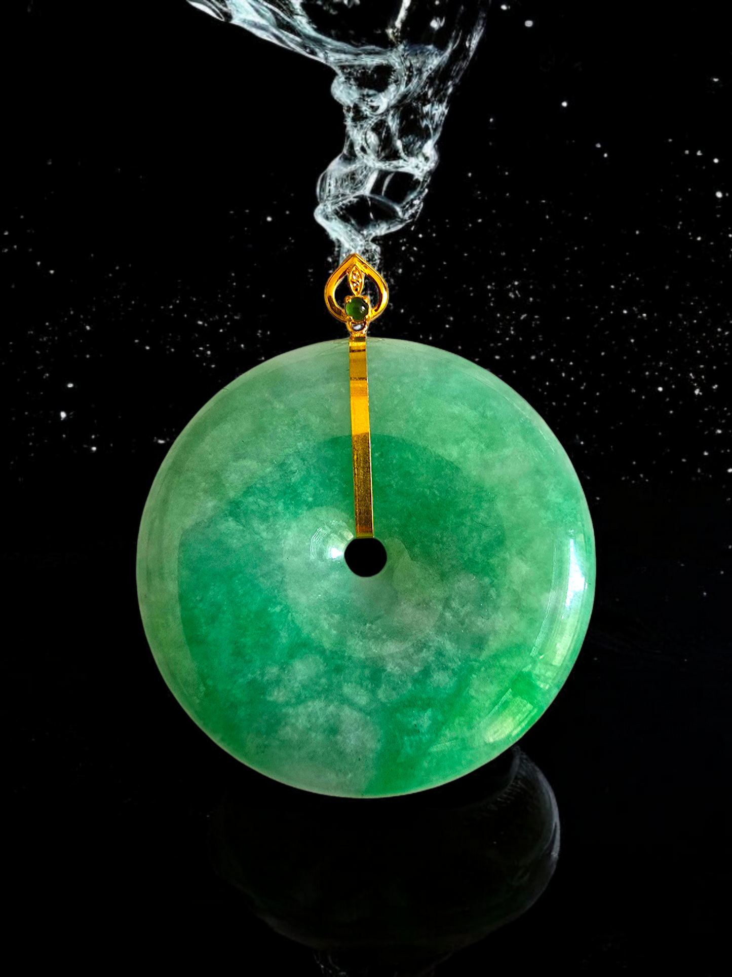 Cheung's Round Donut Burmese A-Jade 40mm Pendant with 18K Yellow Gold - Certified