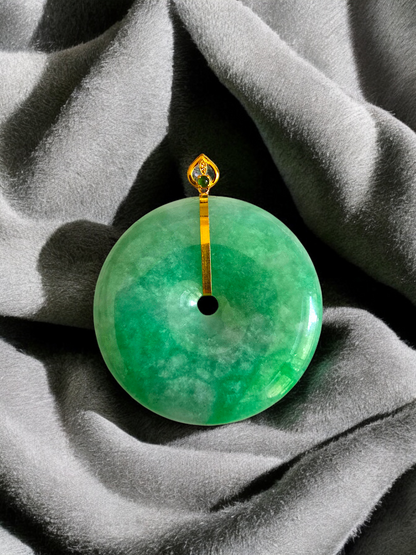 Cheung's Round Donut Burmese A-Jade 40mm Pendant with 18K Yellow Gold - Certified