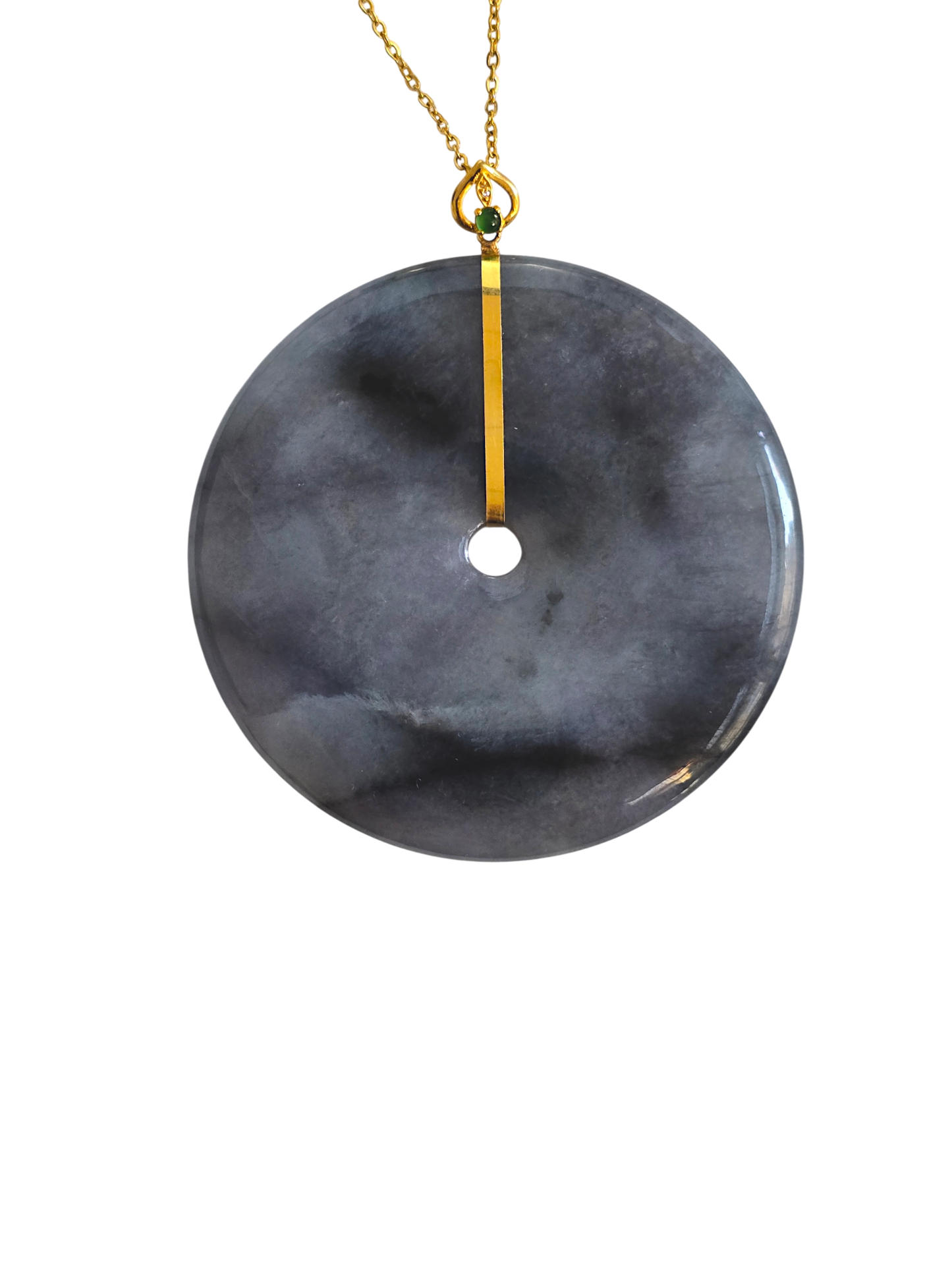 Cheung's Round Donut Charcoal Black Burmese A-Jade 51mm Pendant with 18K Yellow Gold - Certified