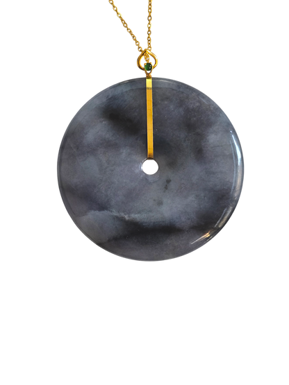 Cheung's Round Donut Charcoal Black Burmese A-Jade 51mm Pendant with 18K Yellow Gold - Certified