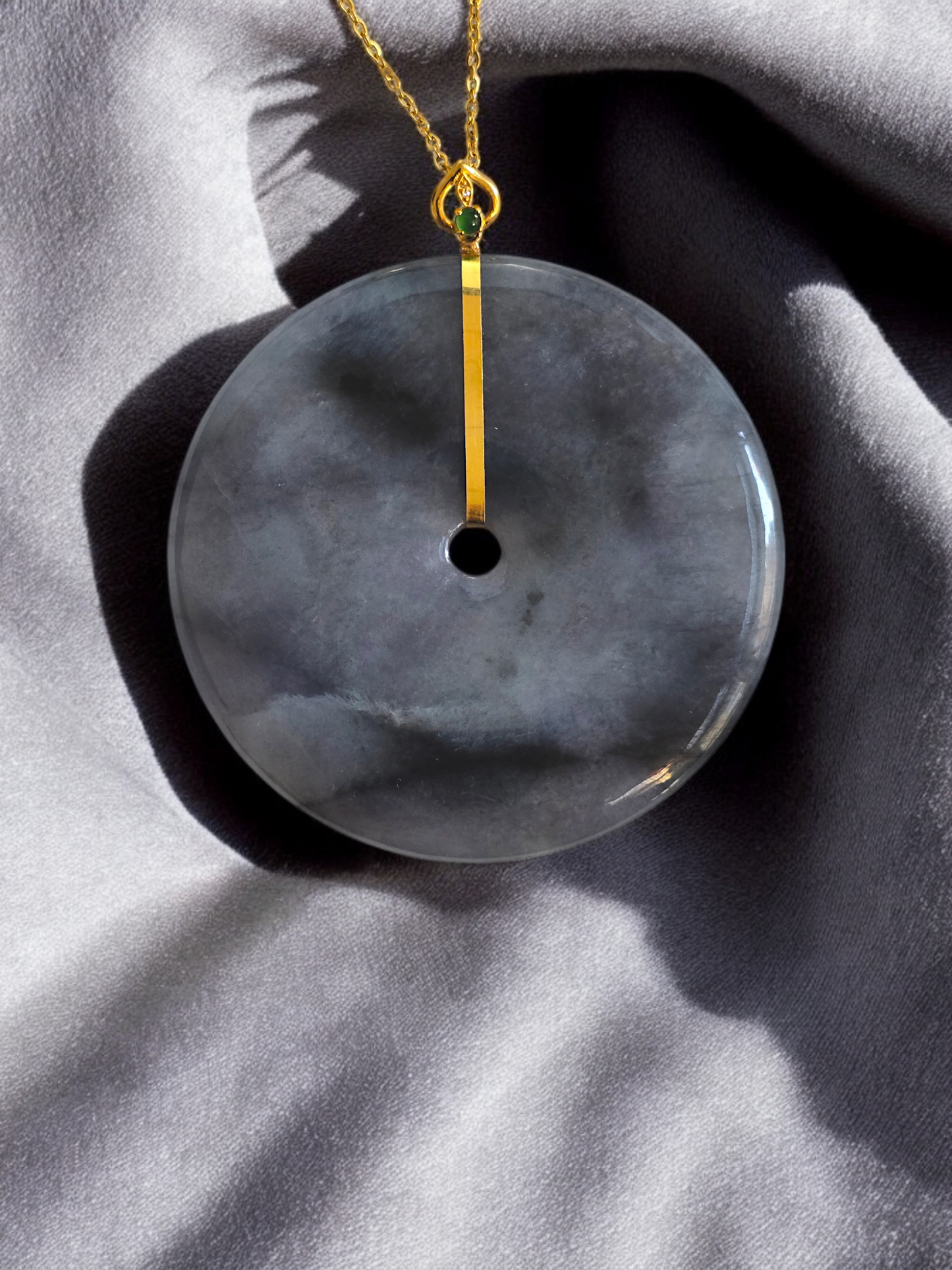 Cheung's Round Donut Charcoal Black Burmese A-Jade 51mm Pendant with 18K Yellow Gold - Certified