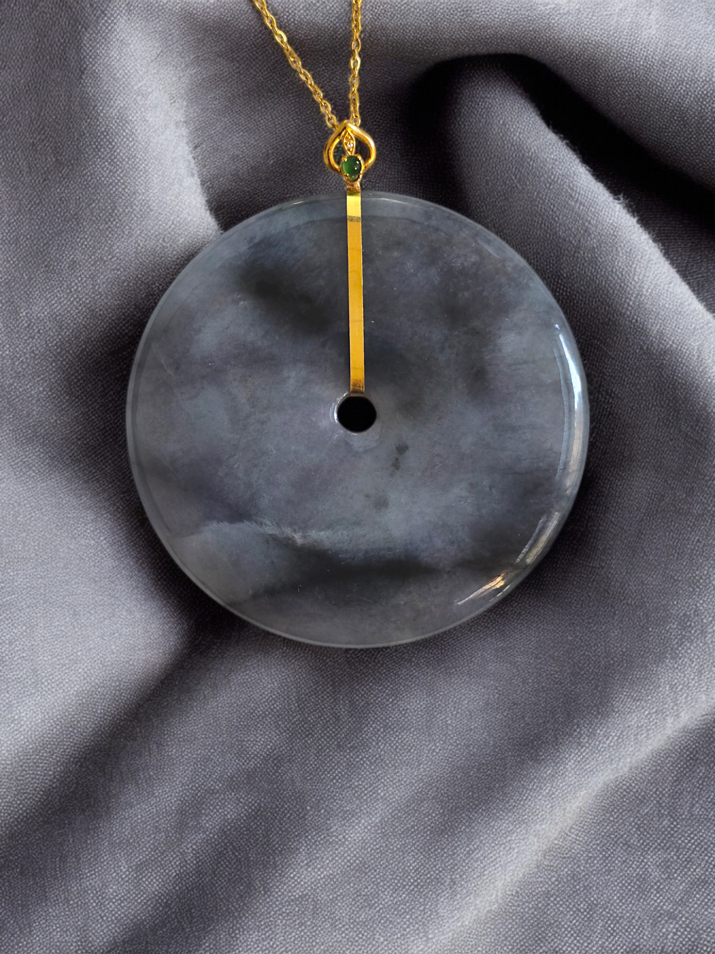 Cheung's Round Donut Charcoal Black Burmese A-Jade 51mm Pendant with 18K Yellow Gold - Certified