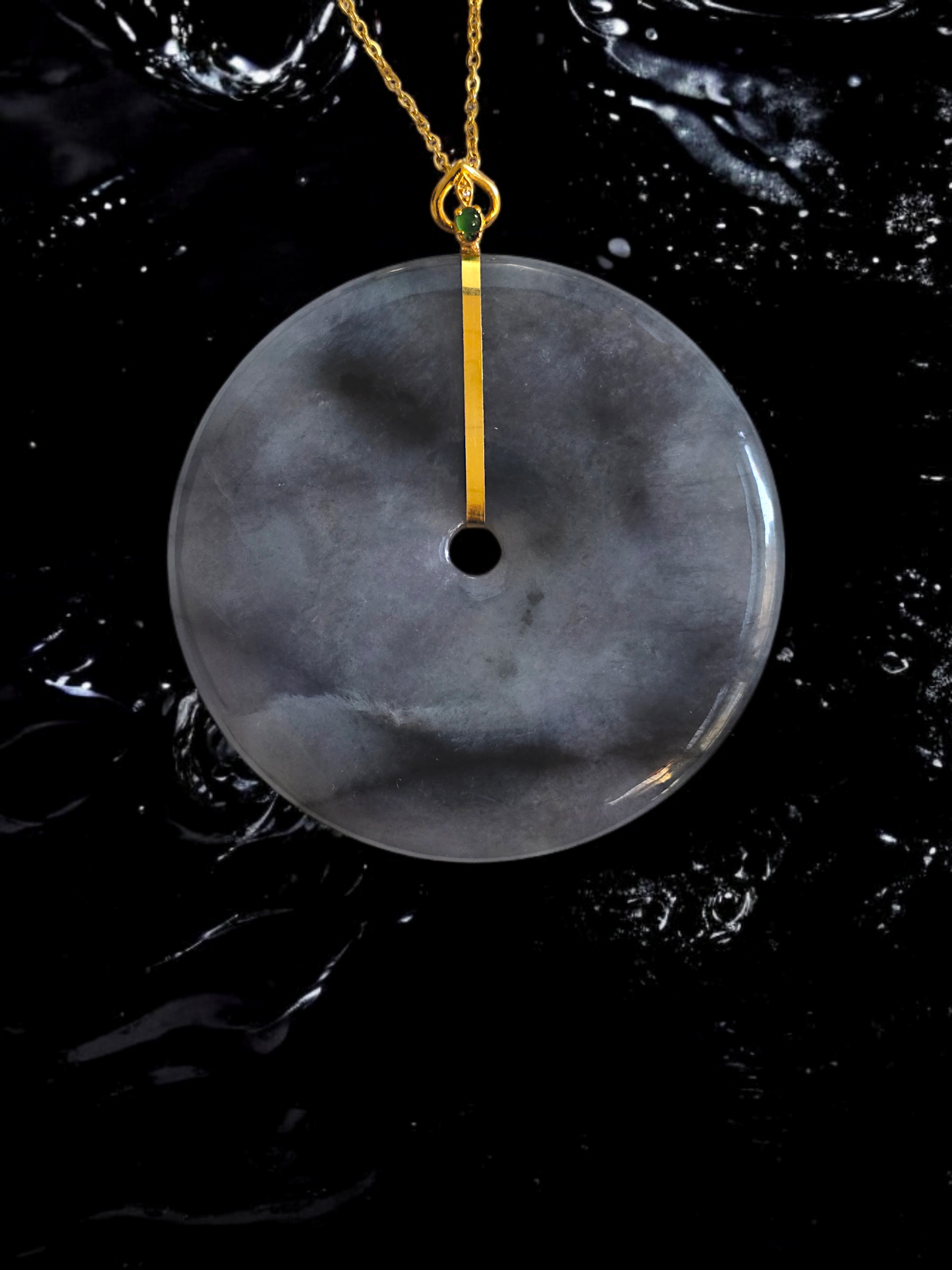 Cheung's Round Donut Charcoal Black Burmese A-Jade 51mm Pendant with 18K Yellow Gold - Certified