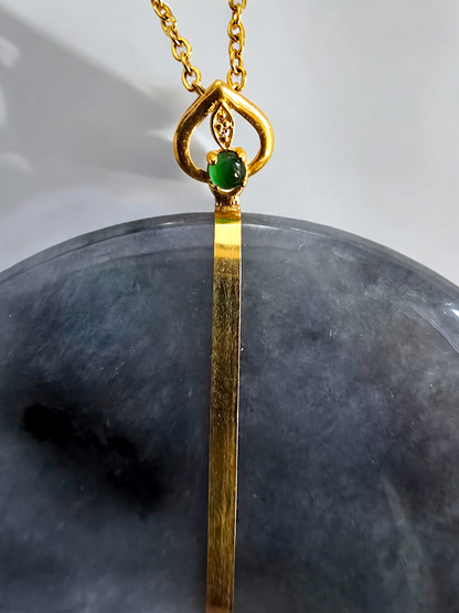 Cheung's Round Donut Charcoal Black Burmese A-Jade 51mm Pendant with 18K Yellow Gold - Certified