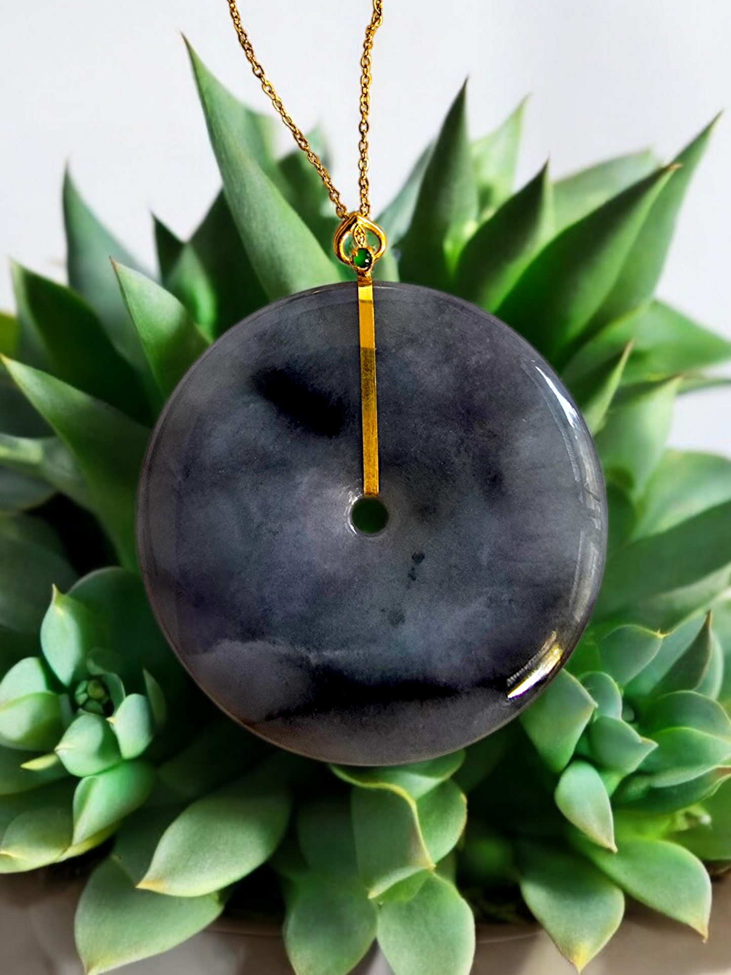 Cheung's Round Donut Charcoal Black Burmese A-Jade 51mm Pendant with 18K Yellow Gold - Certified