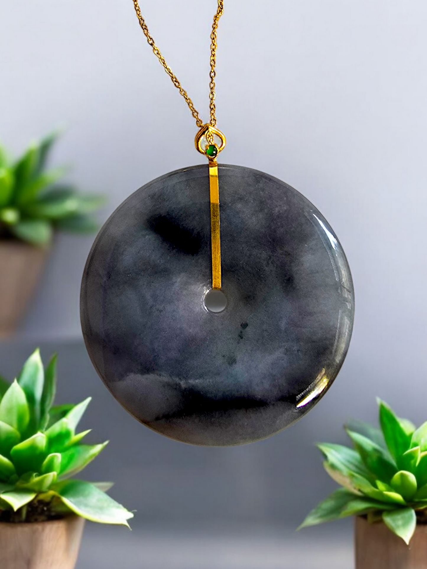 Cheung's Round Donut Charcoal Black Burmese A-Jade 51mm Pendant with 18K Yellow Gold - Certified