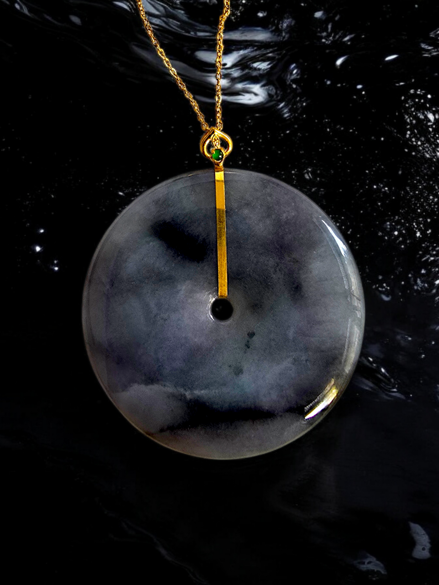 Cheung's Round Donut Charcoal Black Burmese A-Jade 51mm Pendant with 18K Yellow Gold - Certified